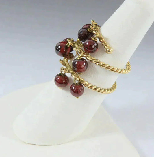 Fab VTG 18k Yellow Gold Red Garnet Bead Dangle Bauble Fidget Ring Size 6.5