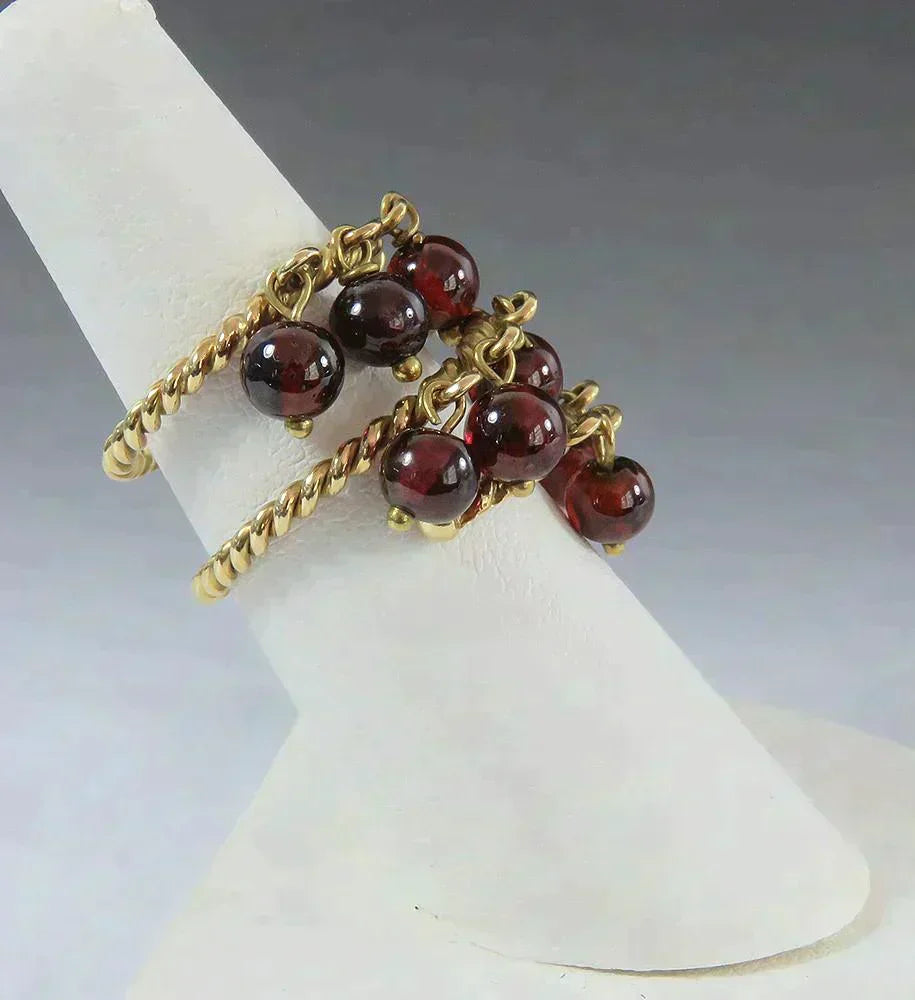Fab VTG 18k Yellow Gold Red Garnet Bead Dangle Bauble Fidget Ring Size 6.5