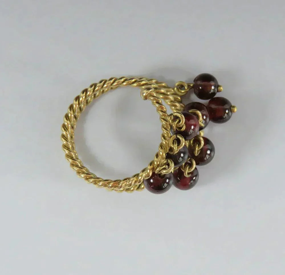 Fab VTG 18k Yellow Gold Red Garnet Bead Dangle Bauble Fidget Ring Size 6.5
