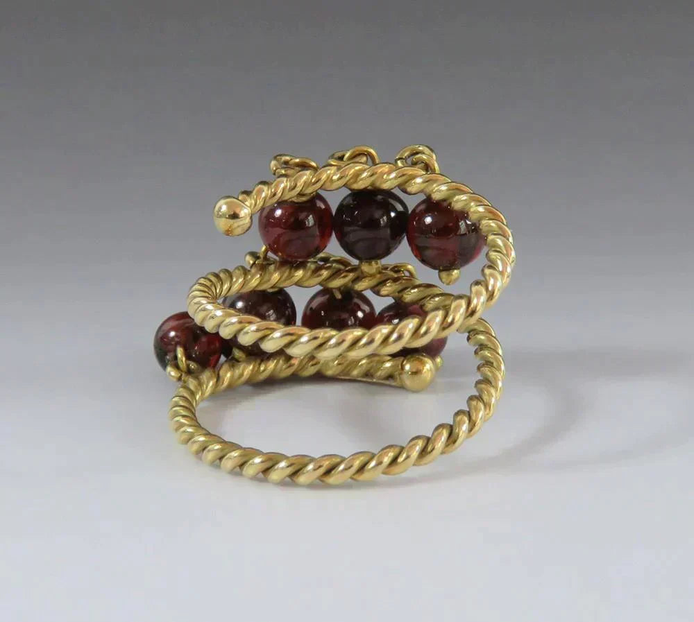 Fab VTG 18k Yellow Gold Red Garnet Bead Dangle Bauble Fidget Ring Size 6.5