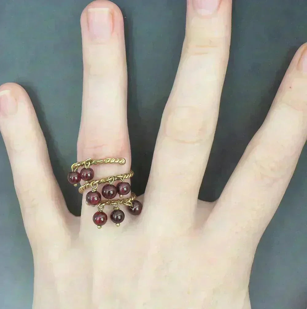 Fab VTG 18k Yellow Gold Red Garnet Bead Dangle Bauble Fidget Ring Size 6.5