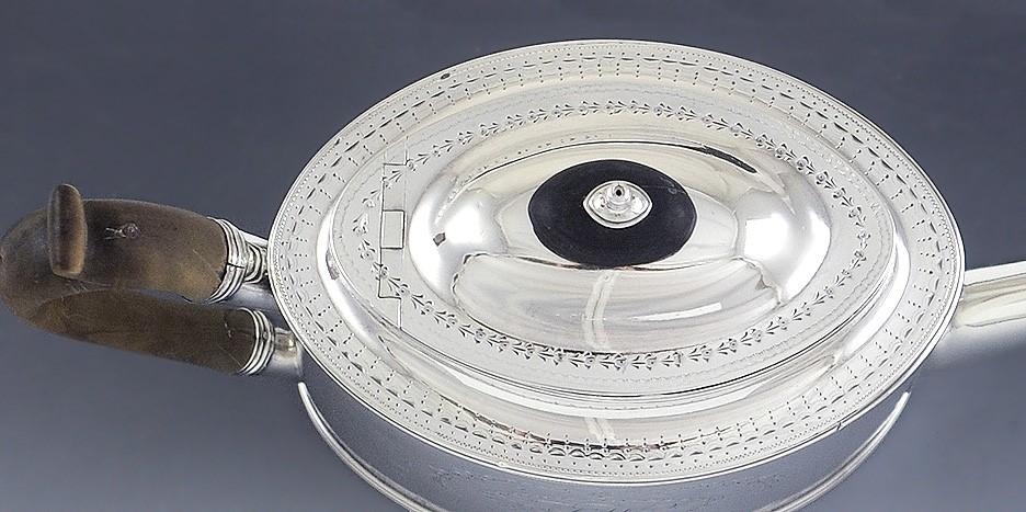 FINE GEORGIAN ENGLISH STERLING SILVER 1787 TEAPOT w/ 1800 TRAY NICE ENGRAVING