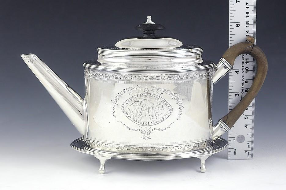 FINE GEORGIAN ENGLISH STERLING SILVER 1787 TEAPOT w/ 1800 TRAY NICE ENGRAVING