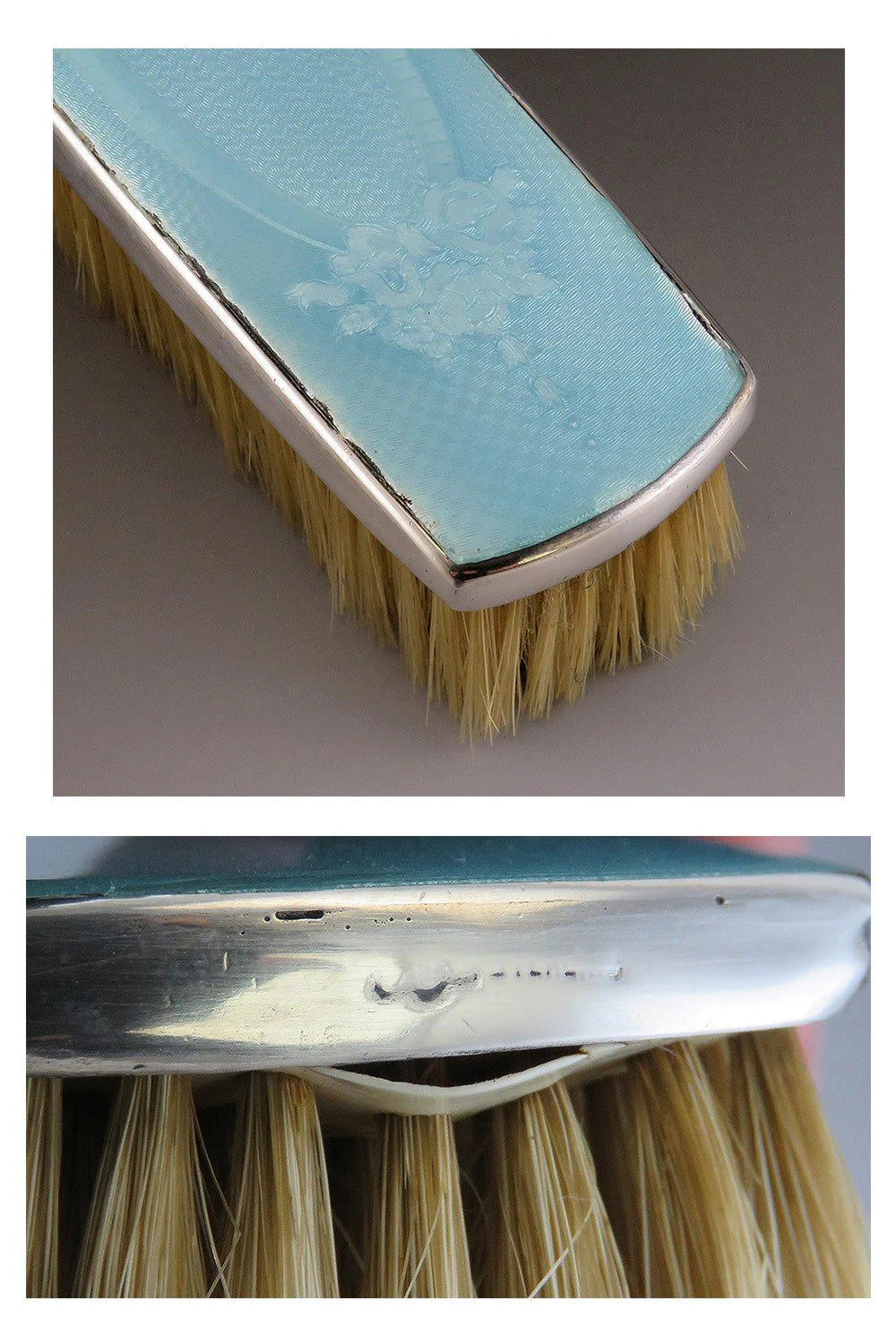 2 Antique Victorian Thomae Sterling Silver Guilloche Enamel Clothes/Hair Brushes