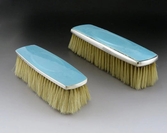 2 Antique Victorian Thomae Sterling Silver Guilloche Enamel Clothes/Hair Brushes
