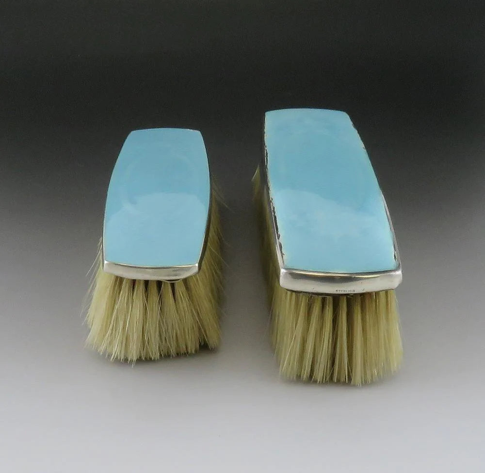 2 Antique Victorian Thomae Sterling Silver Guilloche Enamel Clothes/Hair Brushes