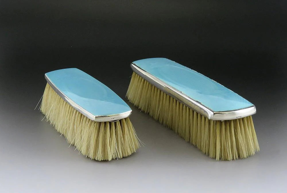 2 Antique Victorian Thomae Sterling Silver Guilloche Enamel Clothes/Hair Brushes