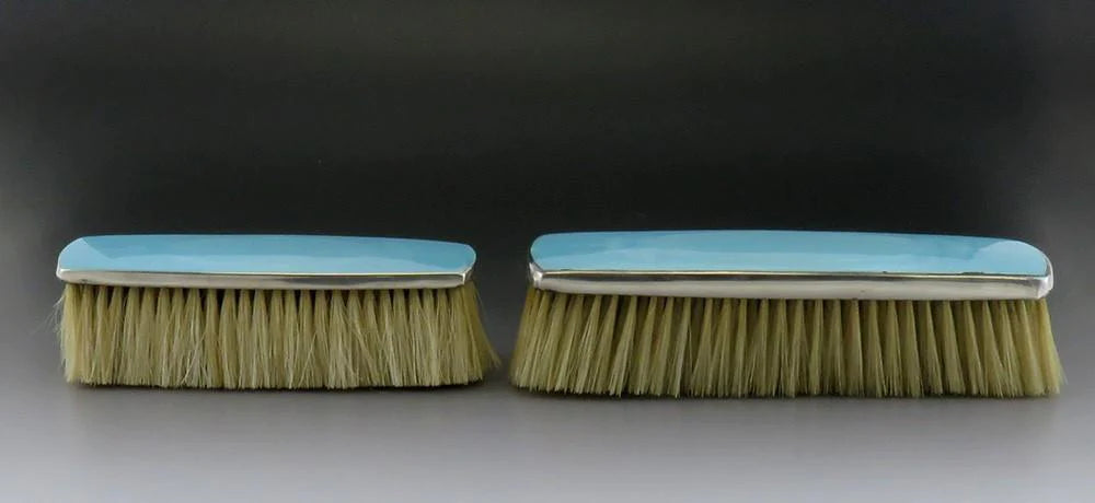 2 Antique Victorian Thomae Sterling Silver Guilloche Enamel Clothes/Hair Brushes