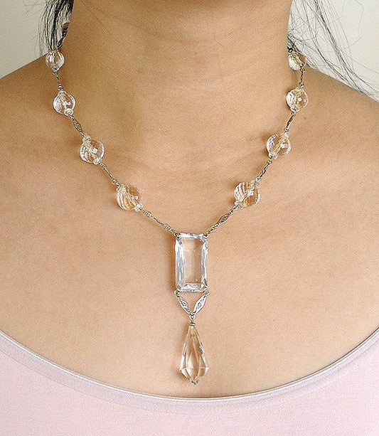 Delightful Quartz Crystal Filigree 14K White Gold Necklace