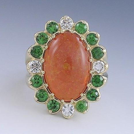 Fiery Orange Opal Diamond & Green Garnet 14K Yellow Gold Ring Size 10
