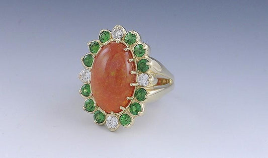 Fiery Orange Opal Diamond & Green Garnet 14K Yellow Gold Ring Size 10