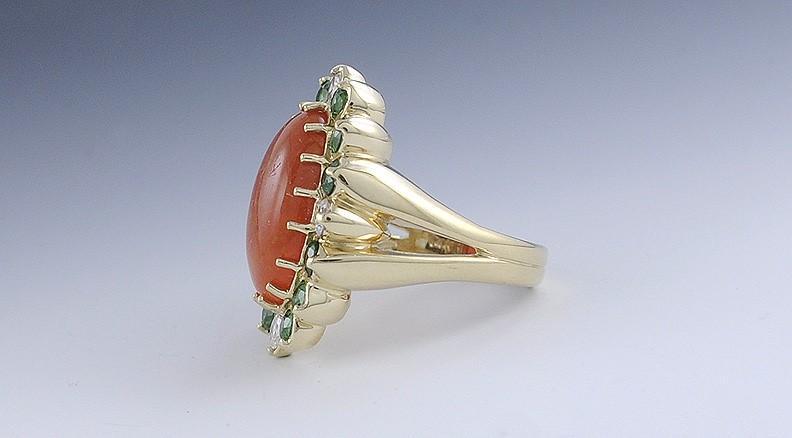 Fiery Orange Opal Diamond & Green Garnet 14K Yellow Gold Ring Size 10
