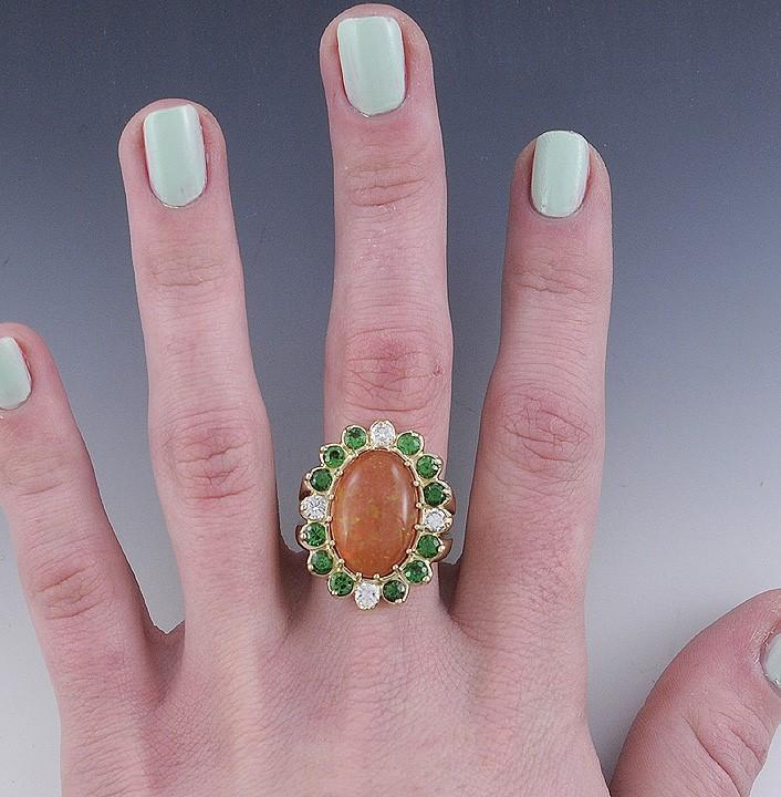 Fiery Orange Opal Diamond & Green Garnet 14K Yellow Gold Ring Size 10