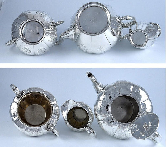 3pc 1841 Irish Sterling Silver Melon Form Engraved Tea Set