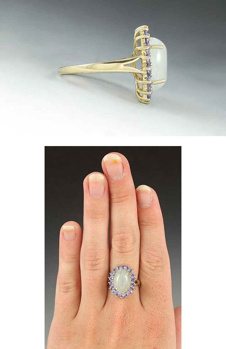 Stunning 14K Yellow Gold Violet Tanzanite & Jade Cabochon Halo Ring Size 9