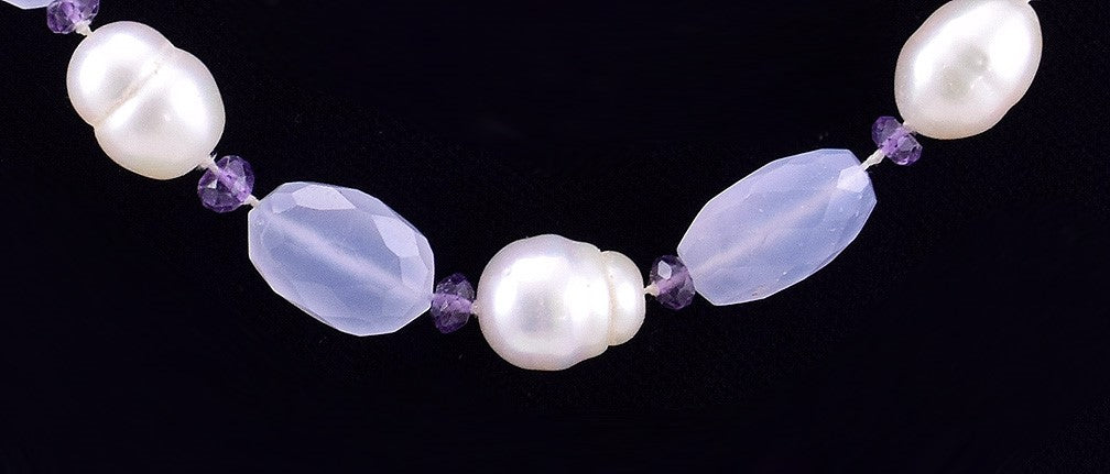 Necklace w/ Large White Pearls, Purple Amethyst and Purple Chalcedony w/ Clasp