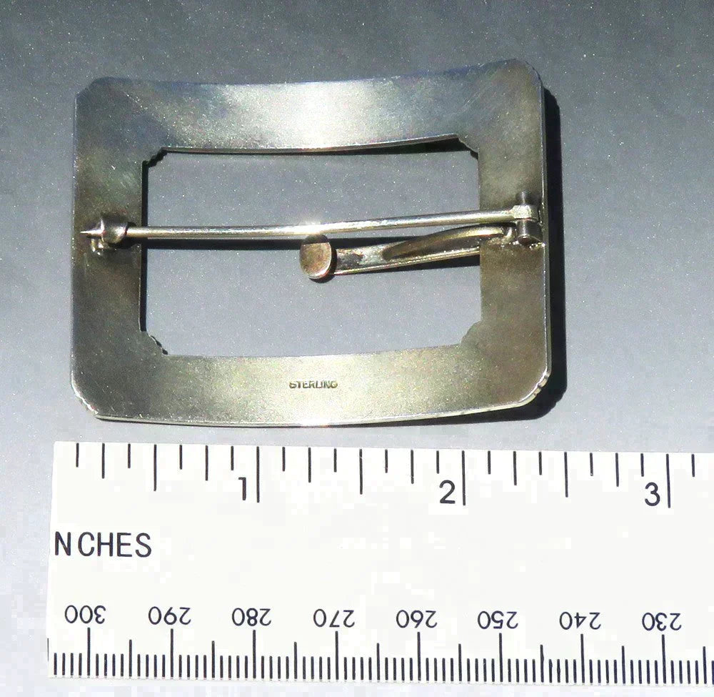 Fine Antique Sterling Silver Purple Guilloche Enamel Square Buckle Brooch Pin