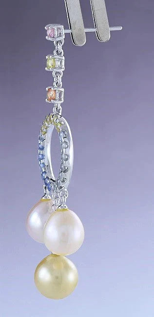 Beautiful Pair 18k White Gold Multi Colored Sapphire & Pearl Dangle Earrings