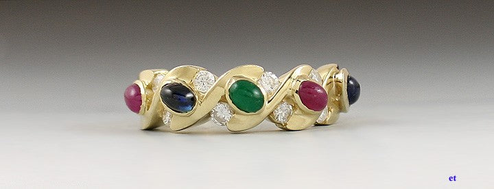 Colorful 14K Yellow Gold Diamond Ruby Emerald Sapphire Modern Ring Size 5.25
