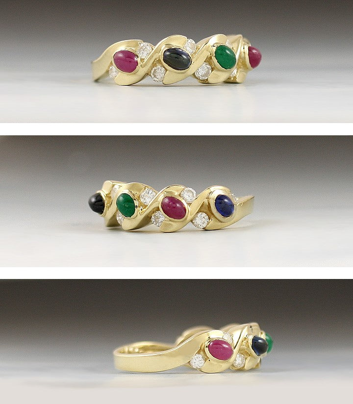 Colorful 14K Yellow Gold Diamond Ruby Emerald Sapphire Modern Ring Size 5.25