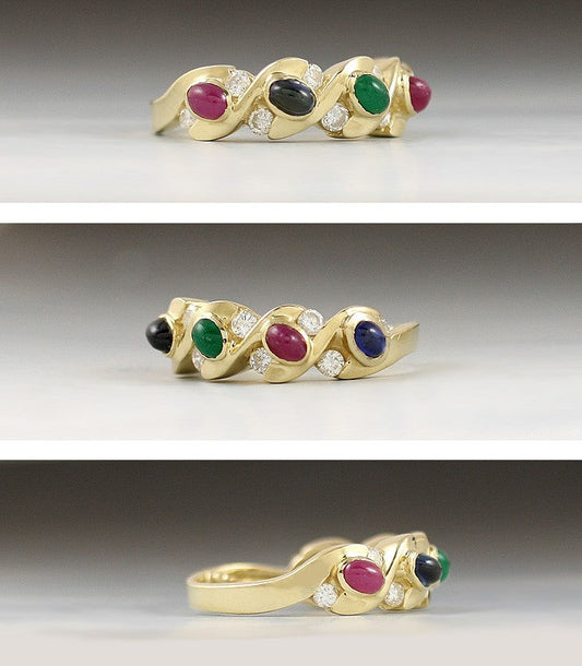 Colorful 14K Yellow Gold Diamond Ruby Emerald Sapphire Modern Ring Size 5.25