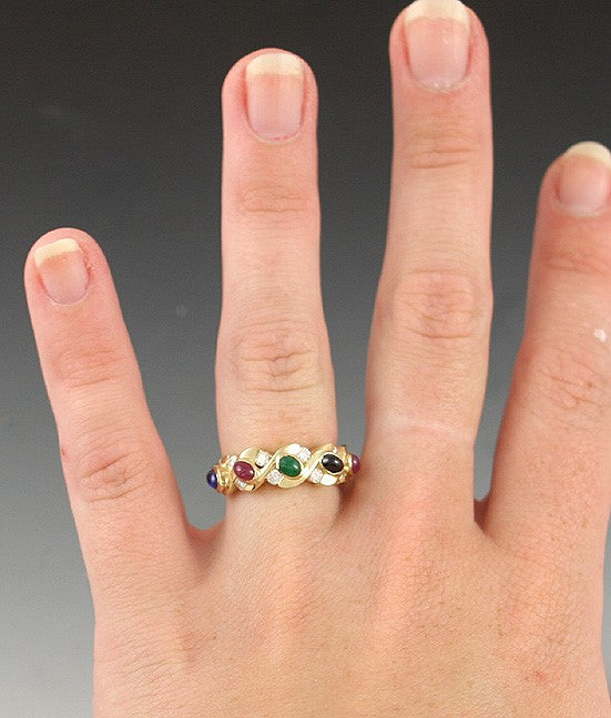 Colorful 14K Yellow Gold Diamond Ruby Emerald Sapphire Modern Ring Size 5.25