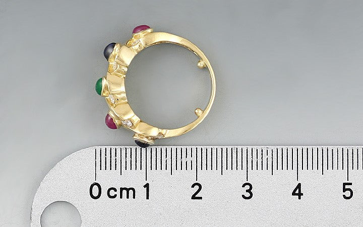 Colorful 14K Yellow Gold Diamond Ruby Emerald Sapphire Modern Ring Size 5.25