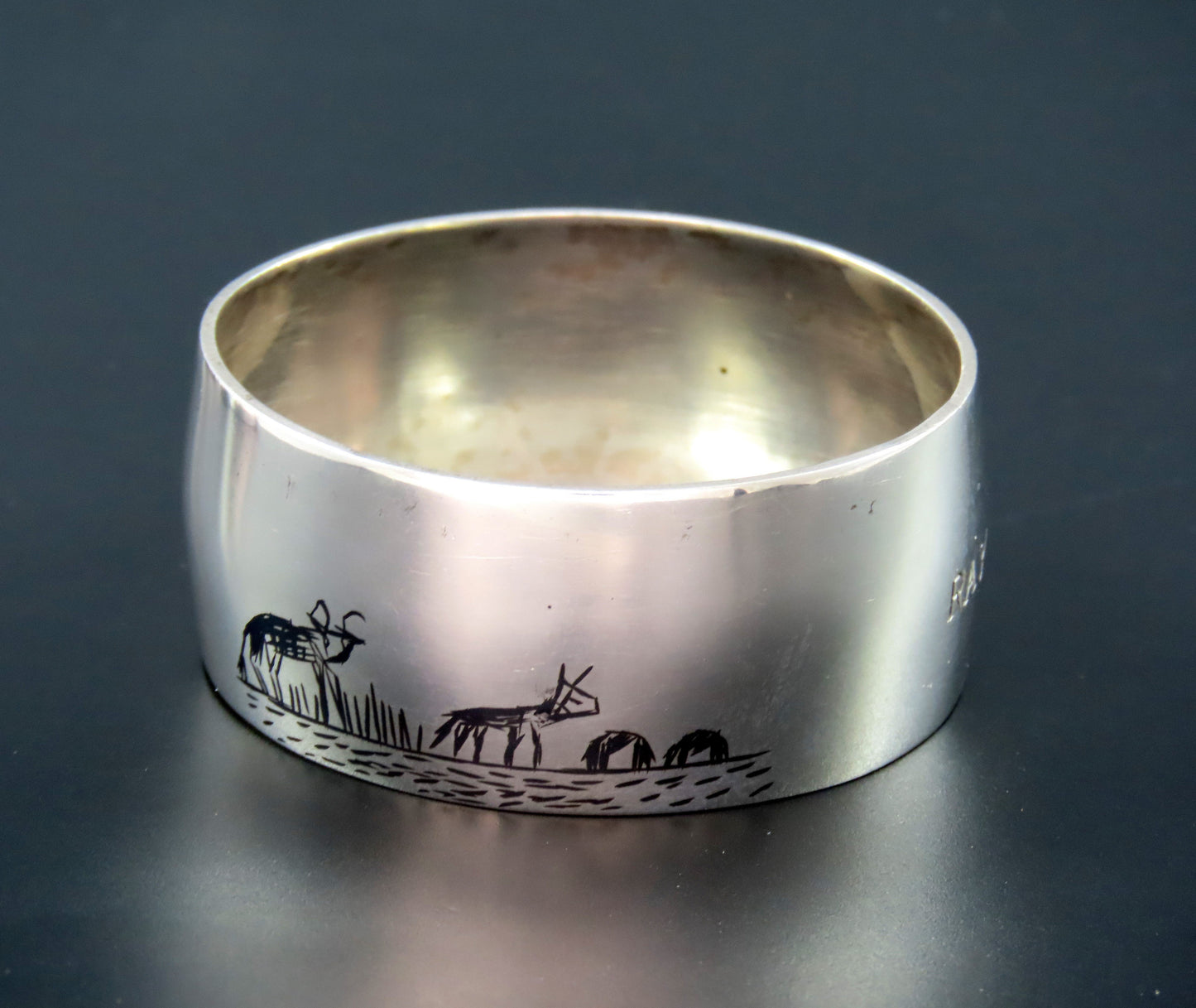 Nice Middle Eastern Silver Napkin Ring Engraved "Ray" Enamel Painted Scenes