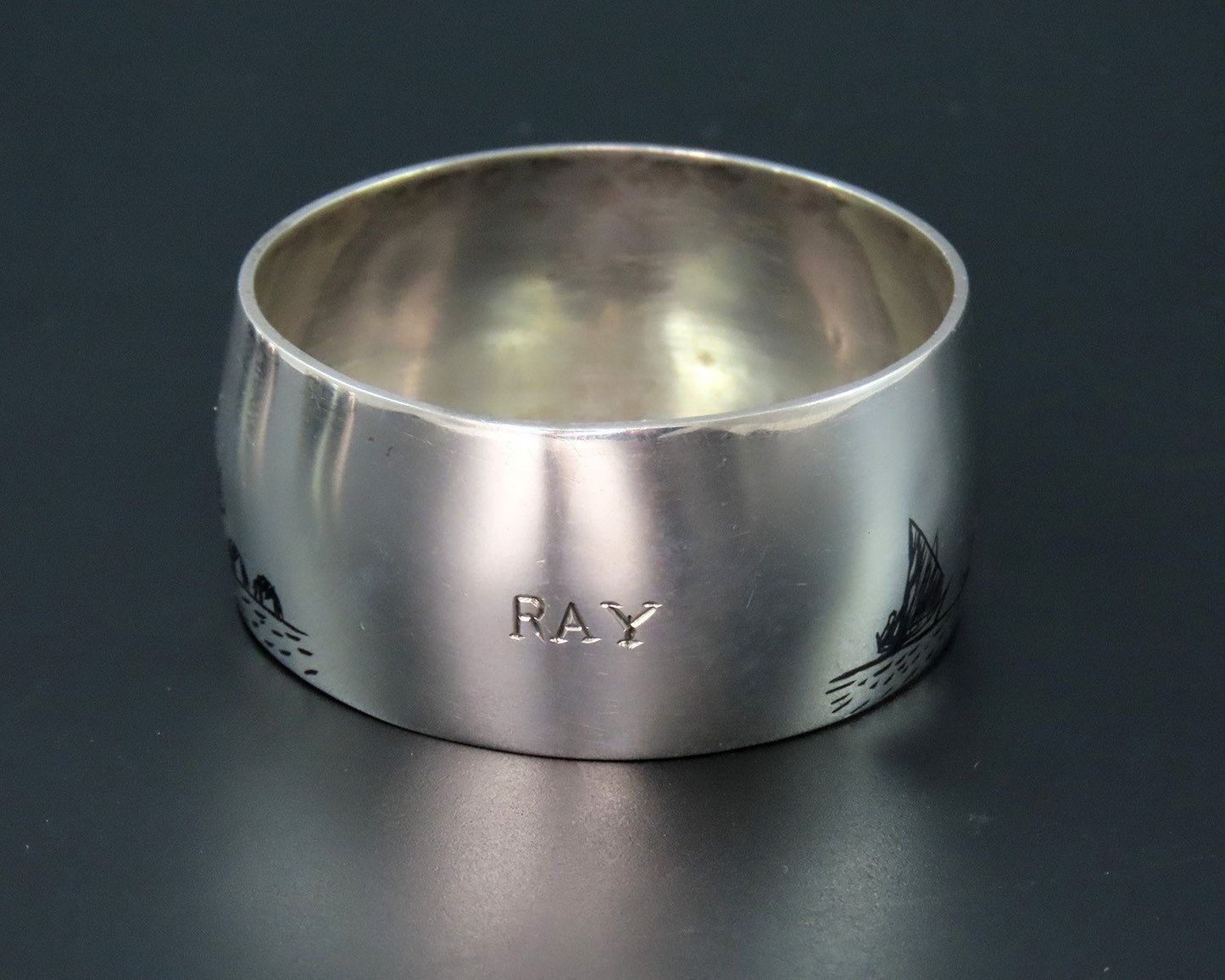 Nice Middle Eastern Silver Napkin Ring Engraved "Ray" Enamel Painted Scenes