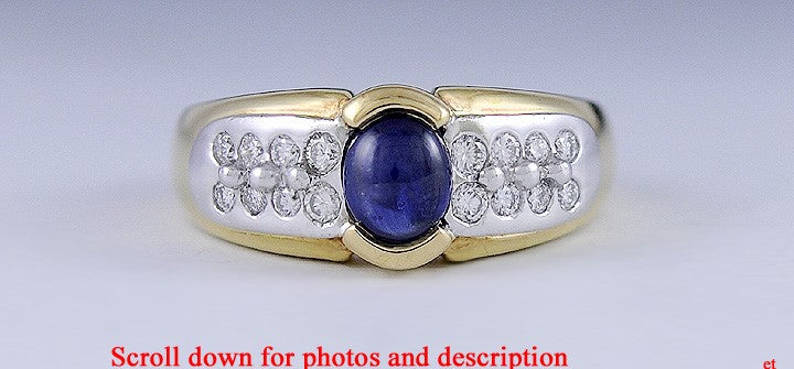 Stunning 18k 2-Tone Gold Sapphire Cabochon & Diamond Ring
