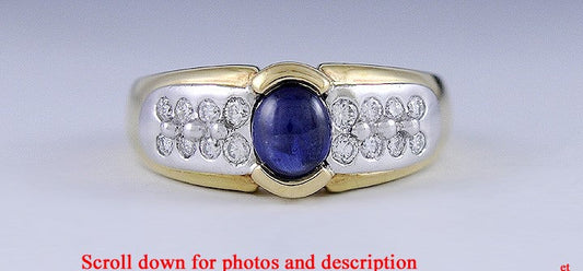 Stunning 18k 2-Tone Gold Sapphire Cabochon & Diamond Ring