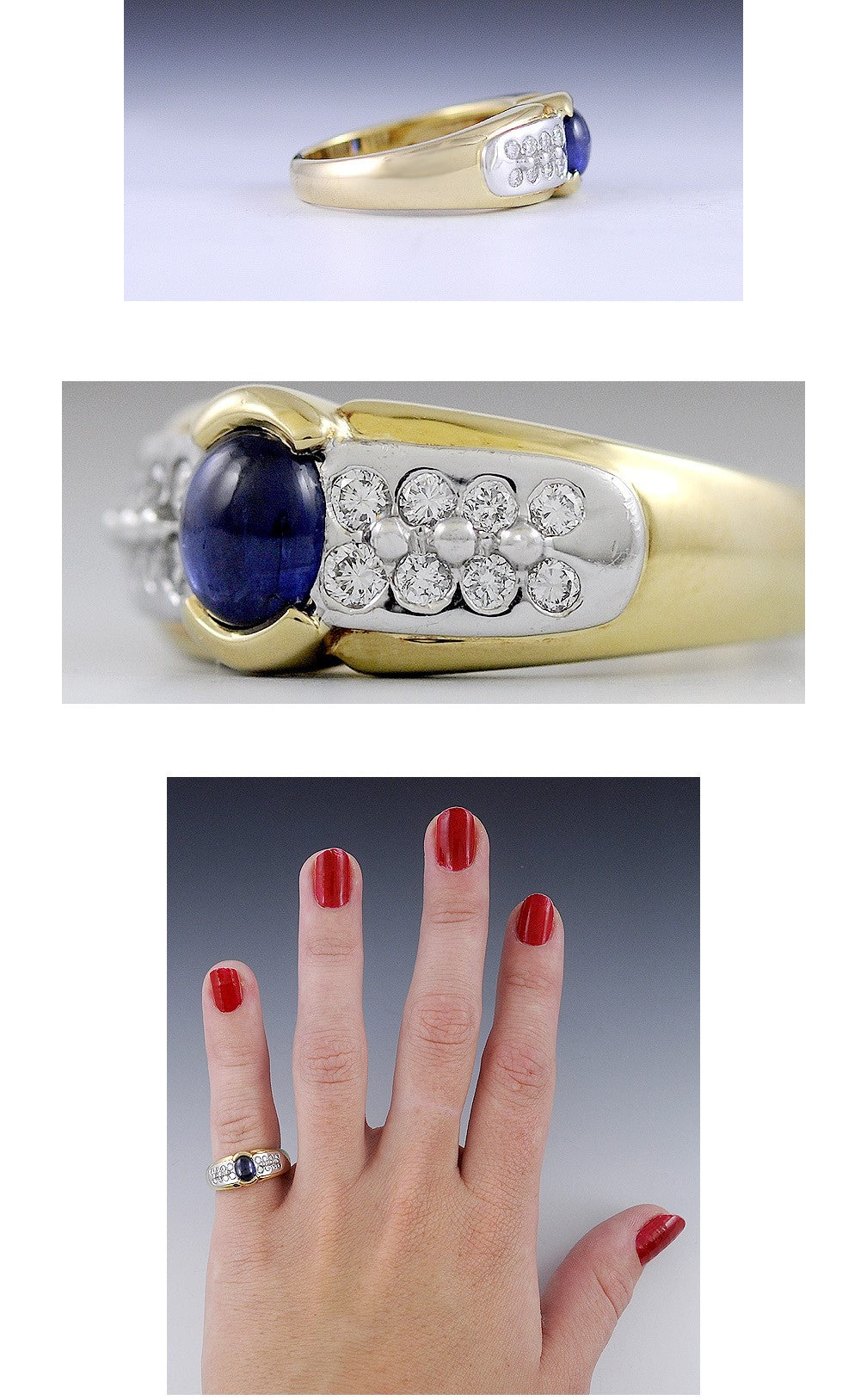 Stunning 18k 2-Tone Gold Sapphire Cabochon & Diamond Ring