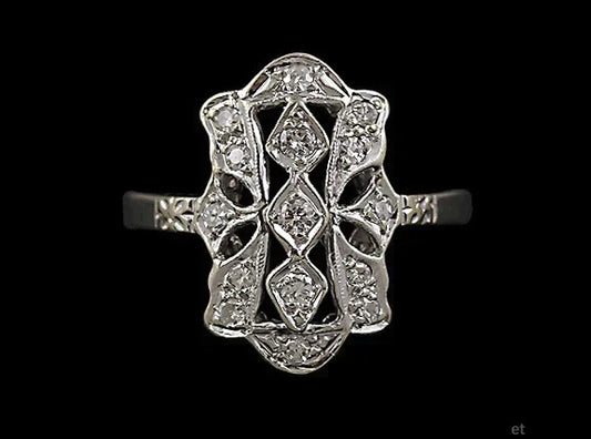 Nice VTG 14K White Gold & Diamond Openwork Filigree Ring Size 7.25
