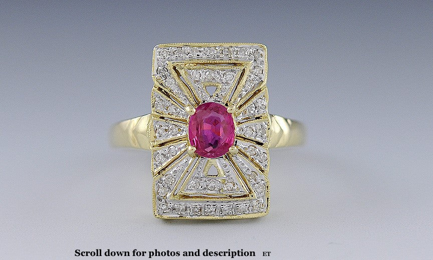 14K Yellow Gold Ruby & Diamond Geometric Halo Cocktail Ring Size 7