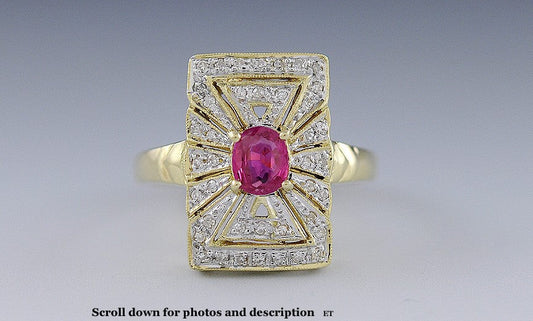 14K Yellow Gold Ruby & Diamond Geometric Halo Cocktail Ring Size 7