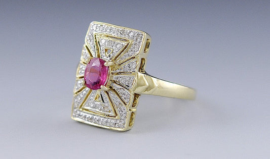 14K Yellow Gold Ruby & Diamond Geometric Halo Cocktail Ring Size 7
