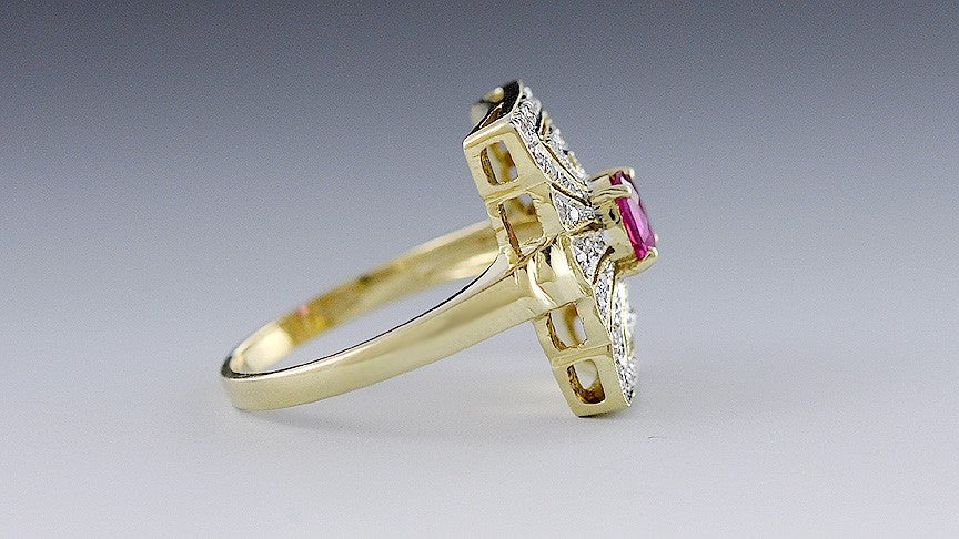 14K Yellow Gold Ruby & Diamond Geometric Halo Cocktail Ring Size 7