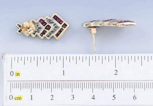 Gorgeous Pair 14k Yellow Gold & Silver Ruby Diamond Chevron Earrings