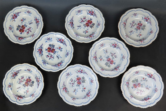 Fab set 8 c1840 English Staffordshire Ridgway Japan Flowers Wide Rim Soup Bowls