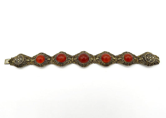 Fab c1900 Chinese Gilt Silver Filigree Carnelian Moth Butterfly Bracelet