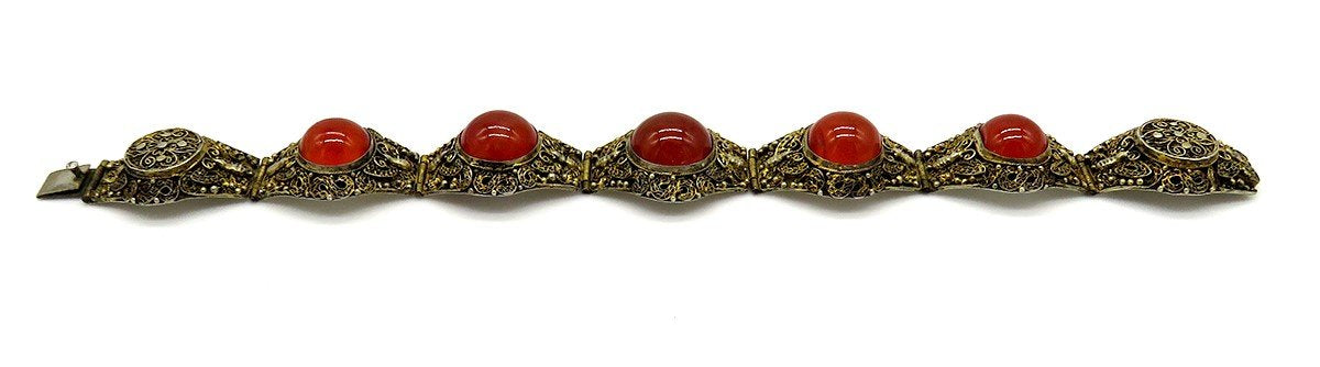 Fab c1900 Chinese Gilt Silver Filigree Carnelian Moth Butterfly Bracelet