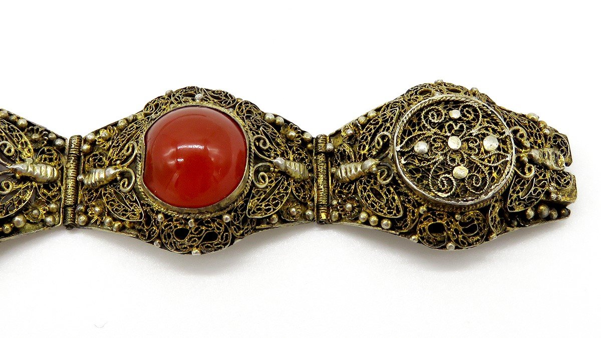 Fab c1900 Chinese Gilt Silver Filigree Carnelian Moth Butterfly Bracelet