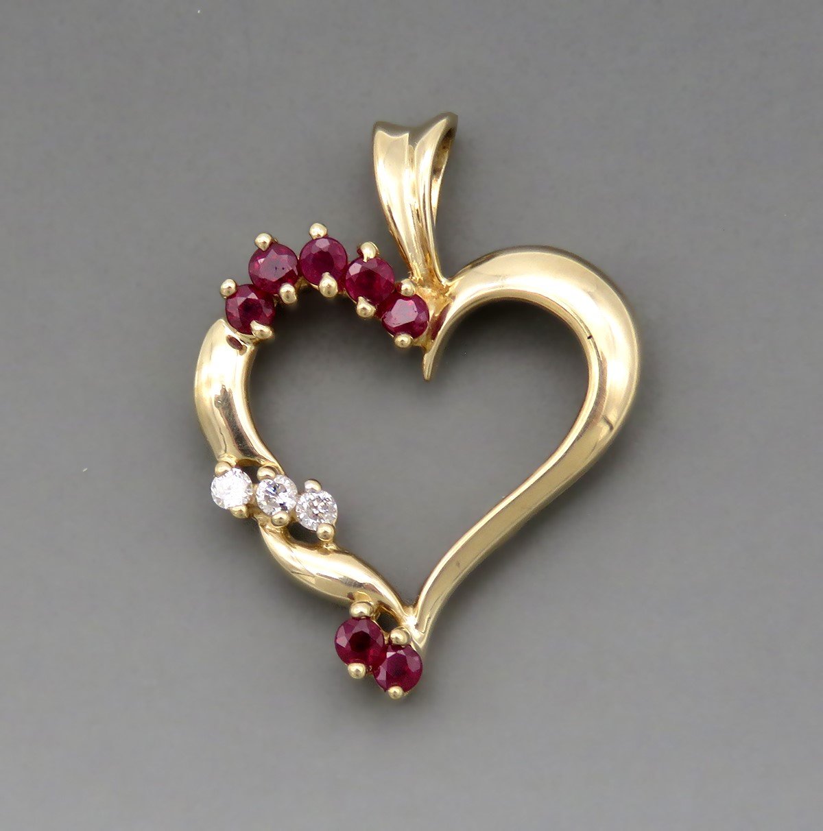 Beautiful 10k Yellow Gold Ruby and Diamond Open Heart Pendant