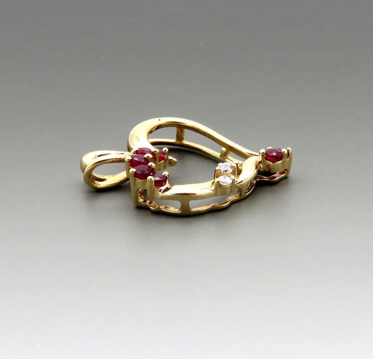 Beautiful 10k Yellow Gold Ruby and Diamond Open Heart Pendant