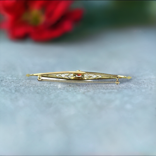 Attractive Antique 10k Gold Filigree Design w/ Synthetic Ruby Art Deco Bar Pin