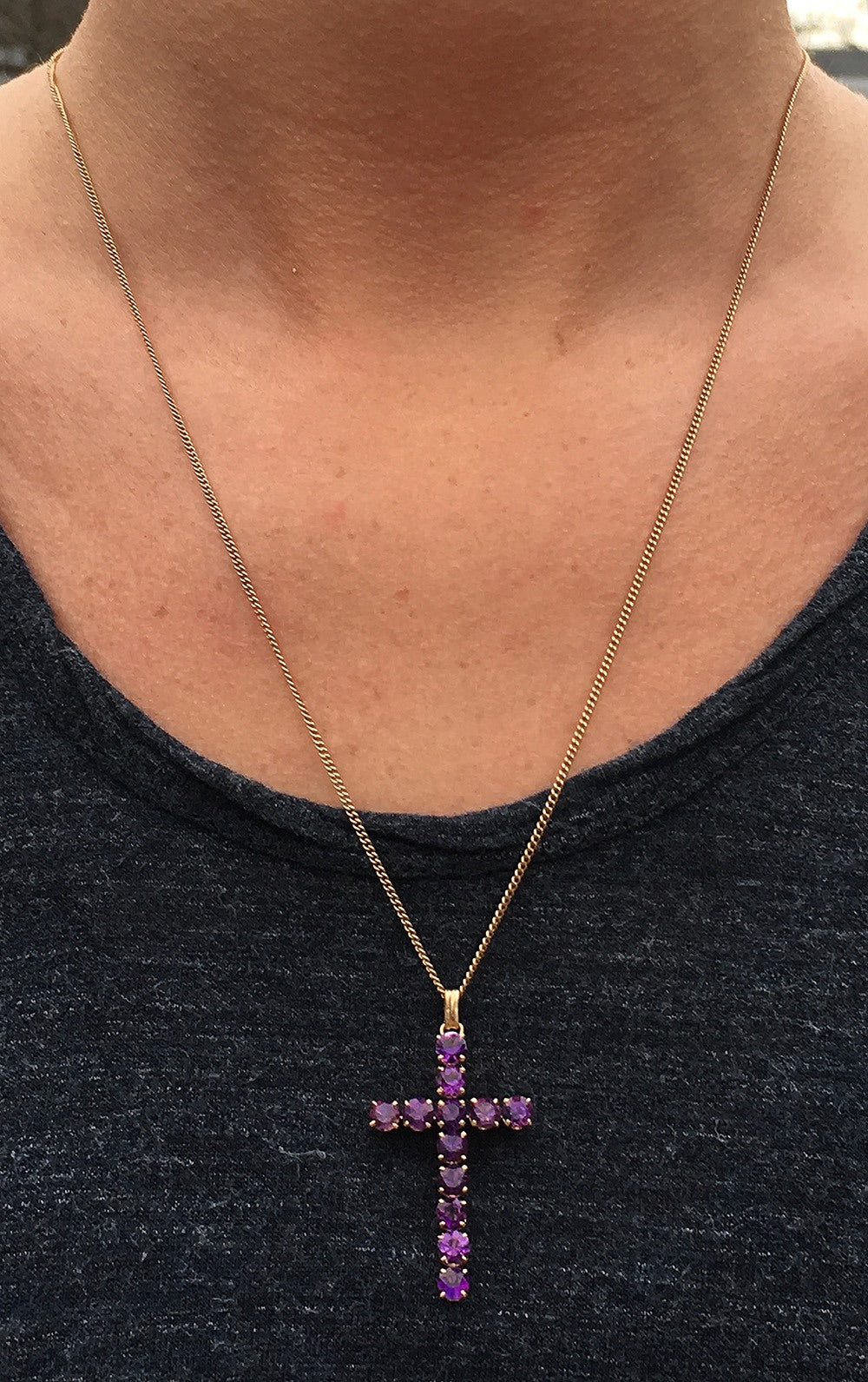 Beautiful 14k Yellow Gold & Amethyst Gemstone Cross Necklace Pendant w/ Chain