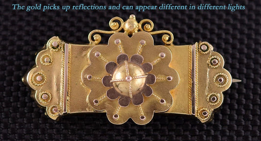 Lovely Mid 1800s Victorian 14k Yellow and Rose Gold Etruscan Revival Pin Brooch