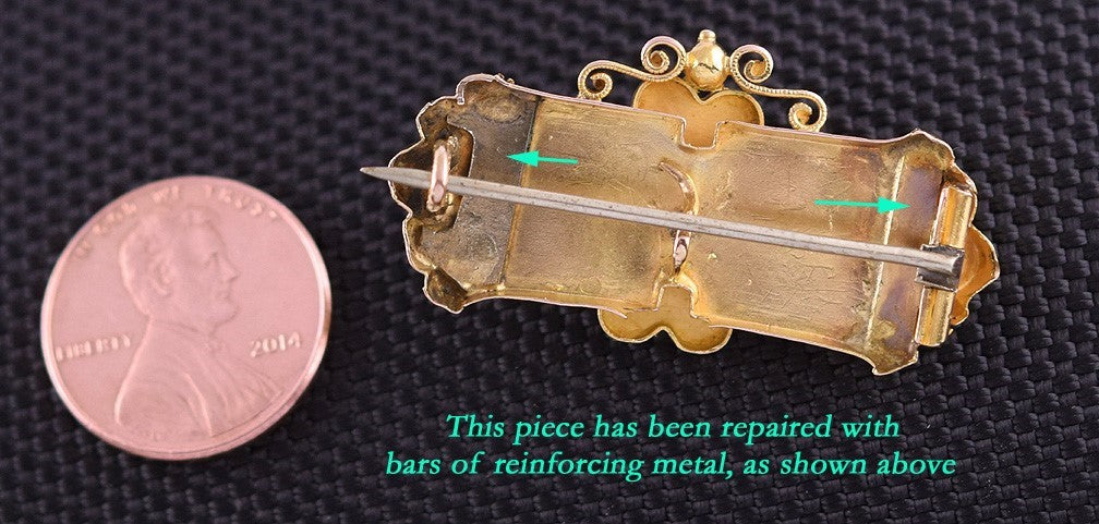 Lovely Mid 1800s Victorian 14k Yellow and Rose Gold Etruscan Revival Pin Brooch