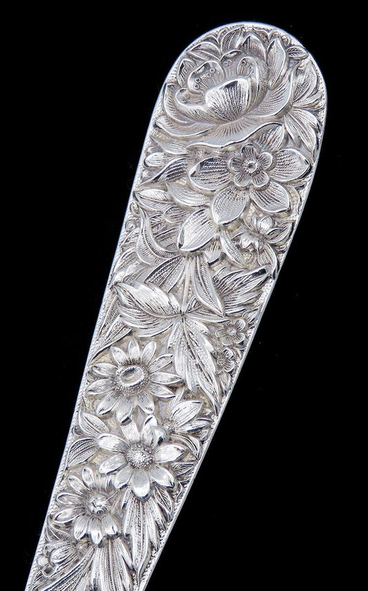 Great Kirk Repousse Sterling Silver Serving Spoon High Relief Details 9 1/8 in