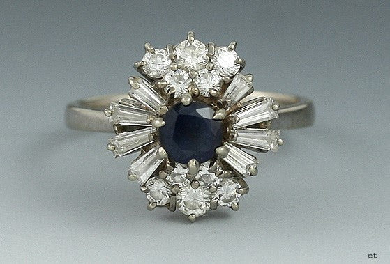 Superb Italian 18K White Gold Sapphire & VS Diamond Cluster Halo Ring
